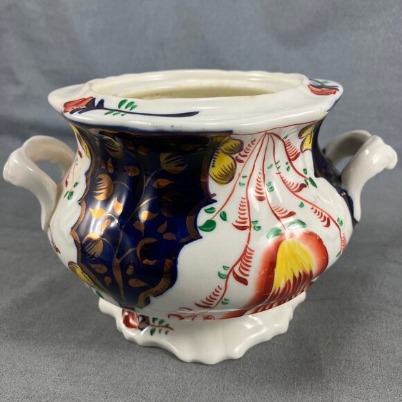 200 yrs old Gaudy Welsh Tulip Pattern Footed Ceramic Sugar Bowl Hand (no Lid) 6" - Picture 2 of 9